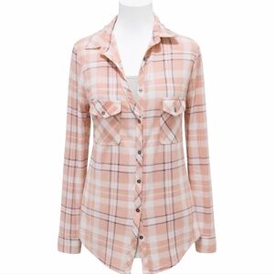 Como Vintage Flannel Top Womens Oversized S Peach and Navy, Indie Hipster, Soft